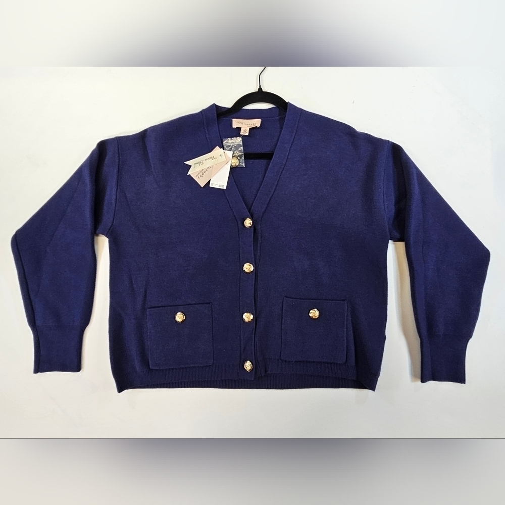 PHILOSOPHY Women’s Large Navy Blue V-Neck Button Down Cardigan NWT